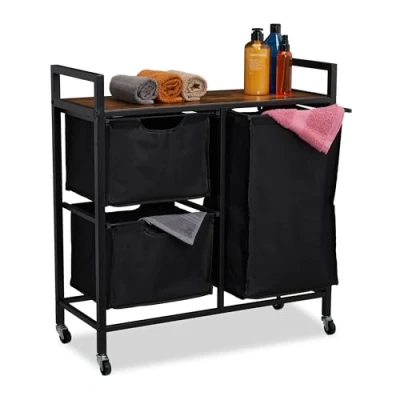 Image of Relaxdays Laundry Basket, 3 Pull out Compartments, Rollable Storage Rack, Linen Bin, Industrial Design, Black/Brown, Cotton, 78 x 72.5 30.5 cm
