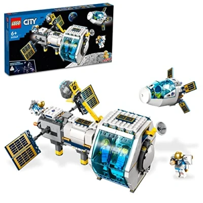 Image of LEGO 60349 City Lunar Space Station, NASA Inspired Building Toy, Model Set With Docking Capsule, Labs And 5 Astronaut Minifigures