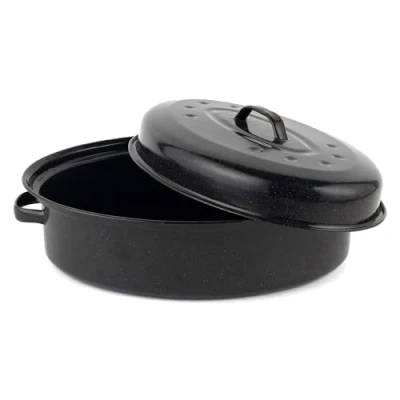 Image of Salter BW12810EU7 Self Basting Roaster 36cm Vitreous Enamel Coated Steel Roasting Tin with Lid, Oval Dish, PFAS Free, Dishwasher Safe, Oven Safe to 230C, Easy Clean, Roast Meat/Vegetables, Black