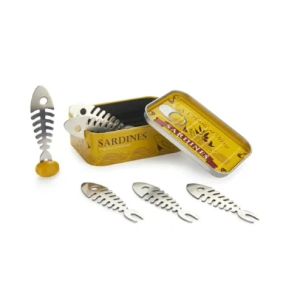 Image of Balvi sardines set of 6 snack forks in the shape a fishbone and presented tin v