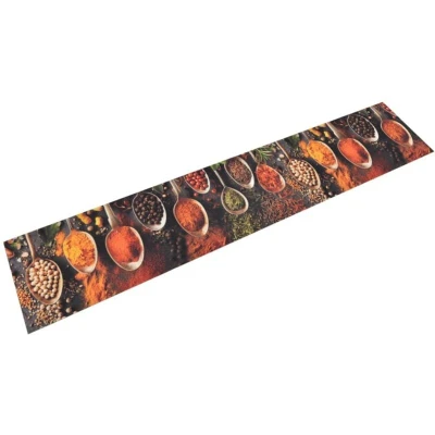 Image of vidaXL Kitchen Rug, Velvet Washable Runner Mat, 60x300 cm, Spoon &amp; Spices Pattern, Multicolour, For Indoor Outdoor Use, Firm Grip, Modern Style