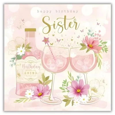Image of Noel Tatt Female Sister Birthday Card Floral Pink Gin with Butterflies Eco Friendly and Recyclable Made in England