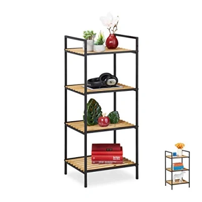 Image of Relaxdays Standing Shelf Unit, 4 Tiers, Bamboo &amp; Metal, Open Bookcase, Hallway, HxWxD: 95 x 39 32.5 cm, Brown Black, Iron, Shelves, 1 Item
