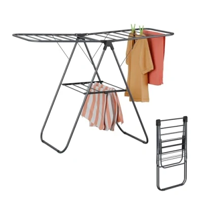 Image of Relaxdays Collapsible Clothes Dryer, 2 Wings, Levels, Laundry Drying Rack, HWD: 93 x 136 58 cm, Foldable, Grey, Iron