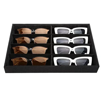 Image of Emibele Glasses Organizer Jewelry Tray, 8 Grids Velvet Tray Watch Storage Stackable Showcase Display with Detachable Inner Dividers, Black