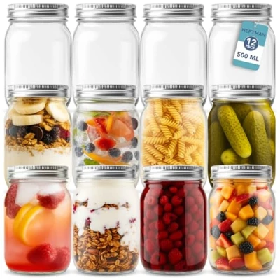 Image of HEFTMAN Glass Mason Jars with Lids Set of 12 500ml Air Tight for Overnight Oats, Homemade Jam Sturdy Lids, Pickling Jars, Preserving Baby Food Storage (500ml)