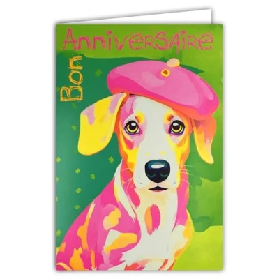Image of AFIE 69 8105 Happy Birthday Card with Envelope 12 x 17.5 cm Illustration Little Dog Cute Puppy Pink Beret Basque Hat Real Neon Inks Created and Made in France