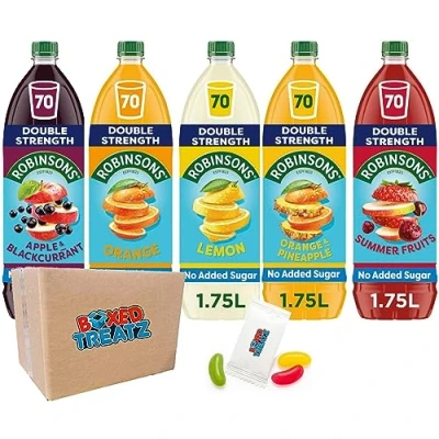 Image of Robinsons Double Strength No Added Sugar Squash 1.75L Assorted Concentrate Bundle Of 5 Orange &amp; Pineapple Lemon Summerfruits Blackcurrant Apple Boxed Treatz