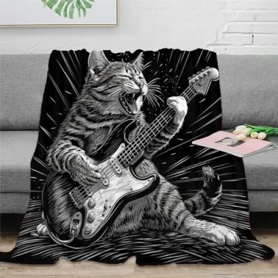 Image of ZZSSSM Cat GuitarMicrofiber Printed Flannel Throw Blanket 3D Design Bed Soft Warm Microfiber Sport Bedding for Couch Kids Teens Adults 60x80inch(150x200cm)