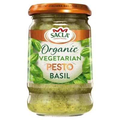 Image of Sacla Italian Vegetarian Basil Pesto Sauce Perfect with Pasta, Pizza, Garlic Bread and Tagliatelli Made Fresh Leaves, Pine Nuts Olive Oil 190g (Pack of 6)