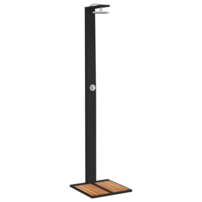 Image of vidaXL Outdoor Shower Black Poly Rattan with Acacia Wood Base, Powder Coated Steel Frame, 224cm Height, 135cm Hose.
