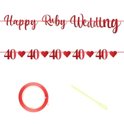 Image of Tabanzhe 2PCS 40th Happy Ruby Wedding Anniversary Bunting Banner,Glitter Decorations with Red Heart,Red Party Decorative Hanging for Indoor Outdoor