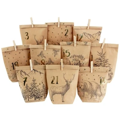 Image of Extravagant Advent calendar to fill, with 24 white gift bags and number stickers clips, Christmas Set 15 motif craft give away, &amp;