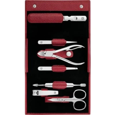 Image of ZWILLING Manicure and Pedicure Set, Classic INOX, Travel Case Nail Care, Leather, 7 Pieces, Red