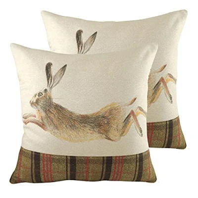 Image of Evans Lichfield Hunter Leaping Hare Twin Pack Feather Filled Cushions, Multi, 43 x 43cm