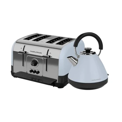 Image of Morphy Richards Venture Kettle and Toaster Set, 1.5L Rapid Boil Pyramid Kettle, 4 Slice Variable Browning Toaster, Matching 3KW/1800W, Duck Egg, 100136/240136