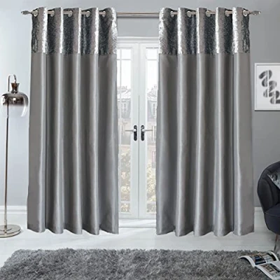 Image of Sienna PAIR of Crushed Velvet Band Curtains Fully Lined Eyelet Ring Top Faux Silk Window Treatment Panels Silver Grey, Width 46&quot; x Drop 54&quot;