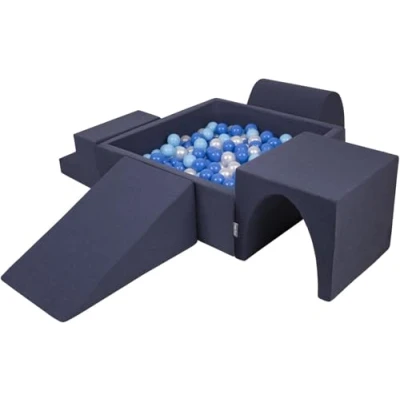 Image of KiddyMoon Foam Playground For Kids With Square Ballpit (300 Balls ∅ 7Cm/2.75In) Soft Obstacles Course And Ball Pool, Made In The EU, Darkblue:Babyblue/Blue/Pearl