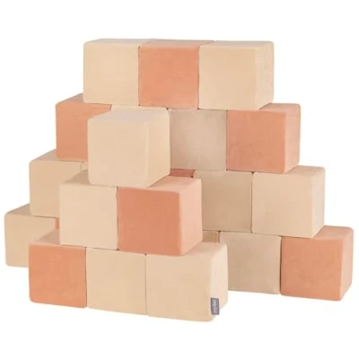 Image of KiddyMoon Soft Foam Velvet Cubes Building Blocks 14Cm For Children Montessori Toy Babies, 24 Pieces, Cubes: Sand Beige Desert Pink