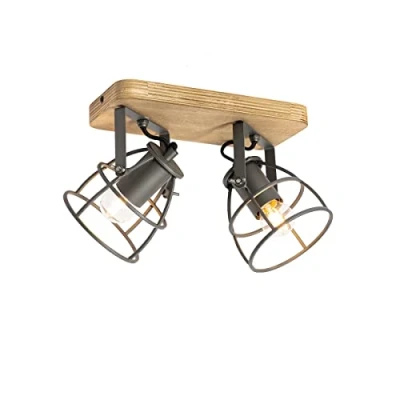 Image of Qazqa Industrial Spotlight Ceiling Dark Gray with Wood Adjustable 2 Way Light Arthur Suitable for LED E27 Surface Mounted spotway Living