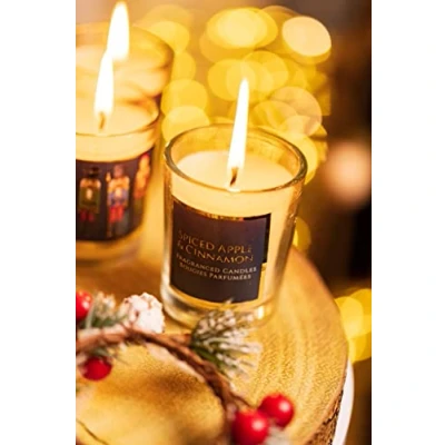 Image of Marco Paul Christmas 3pc Scented Candles Glass Pots Spiced Apple and Cinnamon Scent Festive Fragrance Home Decor Gift Xmas Decoration Light Display Centrepiece Candle Long Burning