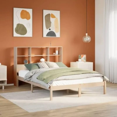 Image of vidaXL Bookcase Bed Frame with Storage Headboard Pine Wood 160x200 cm, 229.5x166x82 cm Bedroom Furniture