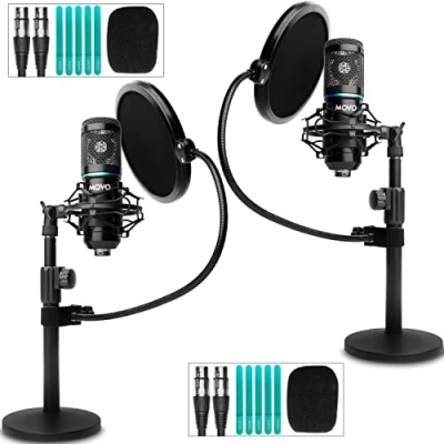 Image of Movo PodPak2T 2 Pack Universal XLR Condenser Microphone Podcasting Equipment Bundle for Includes Cardioid Mics, Desktop Stands, Shock Mounts, Pop Filters and Cables Podcast YouTube Kit