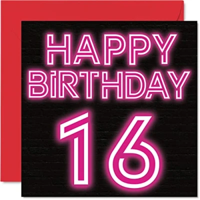 Image of Fun 16th Birthday Cards for Boys Girls Neon Glow Happy Card Son Daughter Brother Sister Grandson Granddaughter Niece Nephew, 145mm x Greeting Cards,