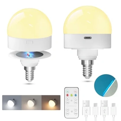 Image of TobeBright Rechargeable Light Bulb, E14 Battery Powered Bulb 3 Colour Temperature Dimmable with Remote Control, Magnetic LED for Non Hardwired Lamps, Table Bedside(2 Pack)