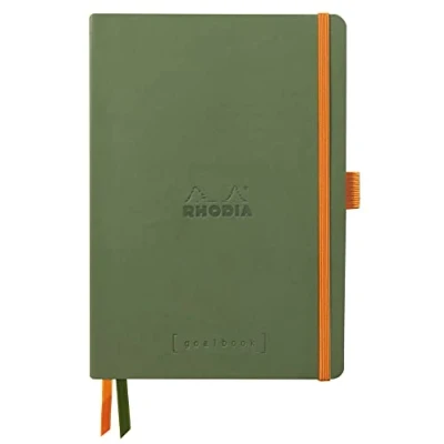 Image of RHODIA 117804C Soft Notebook Bullet Journal Goalbook Sage A5 Dotted Dot 240 pages 90g Ivory Clairefontaine Paper 2 Ribbons, Elastic Closure Faux Leather Cover