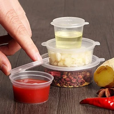 Image of HOT BARGAINS 50 x 2oz Disposable Sauce Pots with Hinged Lids Round Food Containers Deli (2oz Pots) (Pack of 50)