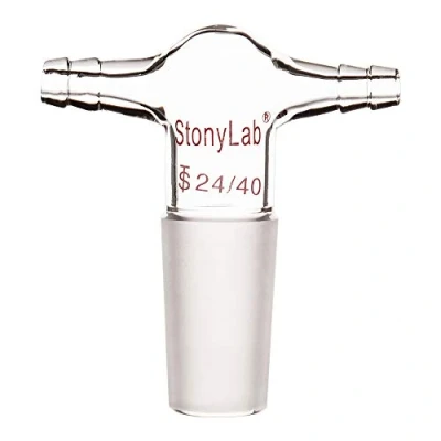 Image of stonylab Glass Dual Hose Inlet Adapter, Borosilicate T Shape Vacuum/Inert Gas Adapter with 3/8 inch Connections and 24/40 Inner Joint