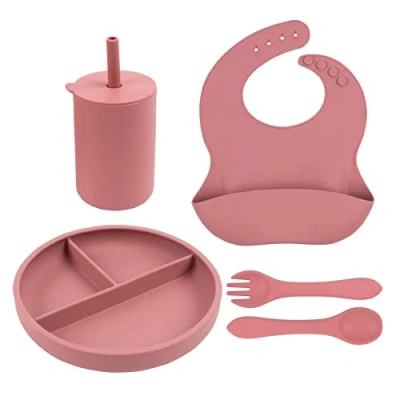 Image of Tiny Dining 5pc Baby Weaning Set Dusty Rose Silicone Toddler Feeding with Bib, Sippy Cup, Divided Plate, Fork and Spoon