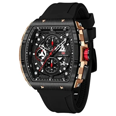 Image of MF MINI FOCUS Men&#039;s Watch Fashion Tonneau Wrist Watches (Chronograph/Waterproof/Luminous/Calendar) Silicon Strap Quartz for Men, Black_Golden, Classic