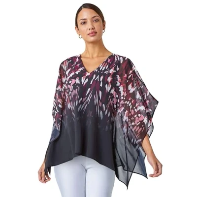 Image of Roman Womens Abstract Print Chiffon Overlay Top Wine Size 10 UK