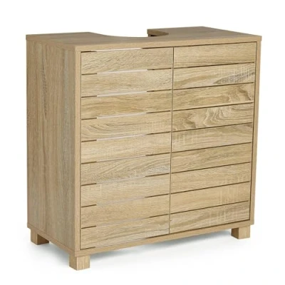 Image of VonHaus Under Sink Bathroom Cabinet Oak Wood Effect Storage with Handleless Design Freestanding Basin 2 Internal Shelves Cupboard for Chester