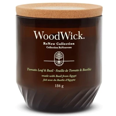 Image of WoodWick Renew Scented Candle with Crackling Wick Tomato Leaf &amp; Basil Medium Plant Based Soy Coconut Wax Blend Made Recycled Materials Perfect Gifts for Women