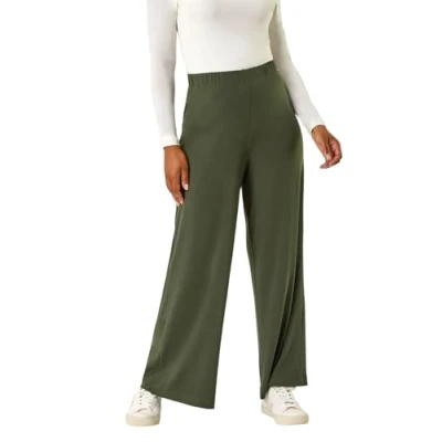 Image of Roman Originals Wide Leg Trousers for Women UK Ladies Palazzo Pants Evening Jersey Elasticated High Waist Smart Flared Culotte Office Work Going Out Loose Crepe Bottoms Petite Khaki Size 12