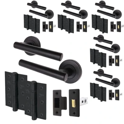Image of EAI Black Door Handle Latch Set Pack of 6 Round T Bar Internal Handles, (64mm), Hinges (76mm) Matt Lever on Rose Oliena Range