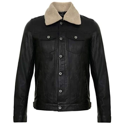 Image of Men&#039;s Black Leather Jacket Trucker Removable Sheepskin Sherpa Collar Casual Jeans Coat M