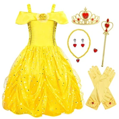 Image of AmzBarley Girls Princess Belle Costume Dress Yellow Childs Sleeveless Fancy Party Dresses Birthday Fairy Tale Role Play Cosplay Outfit 9 10 Years