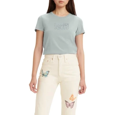 Image of Levi&#039;s Women&#039;s The Perfect Tee Poster Logo T Shirt, Glitter Chalk Blue, S