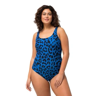 Image of Ulla Popken Women&#039;s Badeanzug Alice, Softliner, Dg, Leo One Piece Swimsuit, Polar Light Blue, 50 52