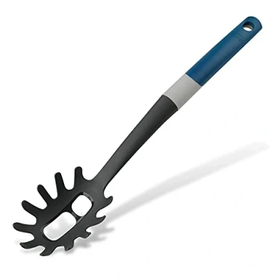 Image of Tasty Spaghetti Spoon with Portioner Made of Plastic, Soft touch Handle Measurements for Cooking and Serving Spaghetti, Dimensions: 34x7cm, Colours: Dark Blue, Black &amp; Grey