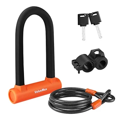 Image of ValueMax Bike Lock 16mm High Security U Lock, with 1.8m(6FT) Cable, Heavy Duty Cycle D and Mount Holder, for Motorcycles/Scooters/Bicycles/Door Black Orange