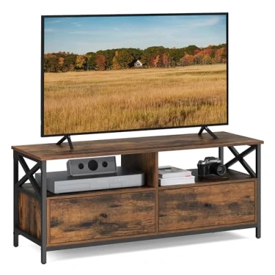 Image of VASAGLE TV Cabinet Unit for 55 Inch TV, Living Room, with 2 Drawers, Storage Shelves, 120 x 40 50 cm, Steel Frame, Industrial Style, Rustic Brown and Black LTV300B01