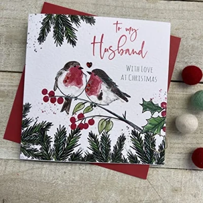 Image of WHITE COTTON CARDS 2 ROBINS HUSBAND CHRISTMAS CARD, HANDMADE (C22 15)