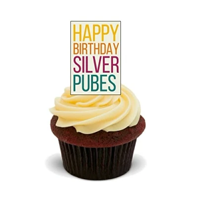 Image of Made4You Happy Birthday Silver Pubes Funny/Rude Edible Cake Decorations Stand up Wafer Cupcake Toppers (Pack of 12)