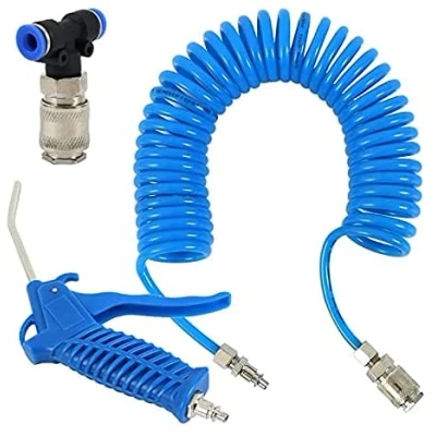 Image of Air Blow Gun Kit Duster Cleaning Nozzle Spray Tool with 5 Meter Long Coil PU Hose,4x6mm(Blue)