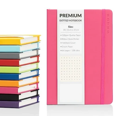Image of Bullet Journal A5 Dotted Notebook with Faux Leather Hardback Cover and Premium 120gsm Thick Dot Grid Paper (128 Cream Pages, Cerise)